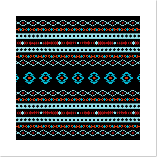 Aztec Blues Reds Black Mixed Motifs Pattern Wall Art by NataliePaskell